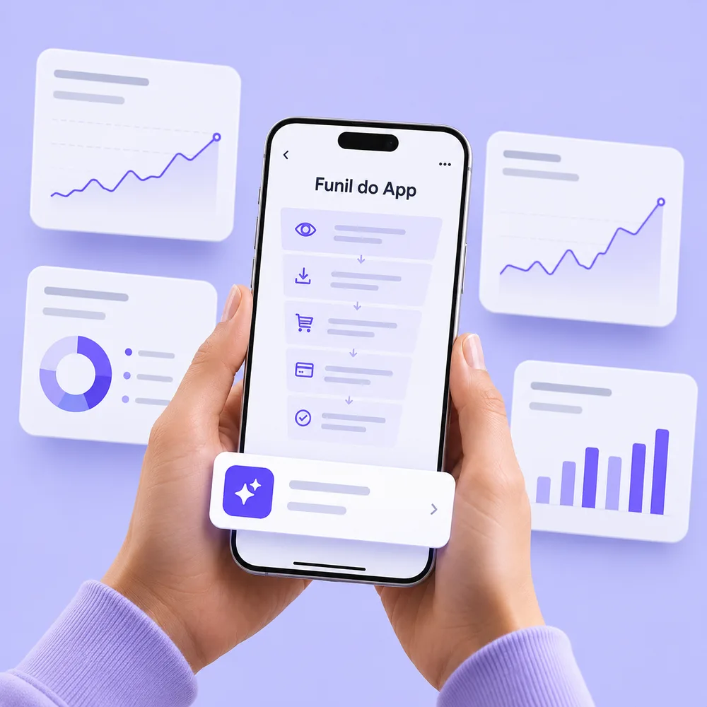 App exibindo o funil do app com painéis de performance ao redor