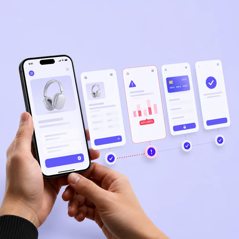 Jornada do usuário no app com ponto de fricção destacado no fluxo