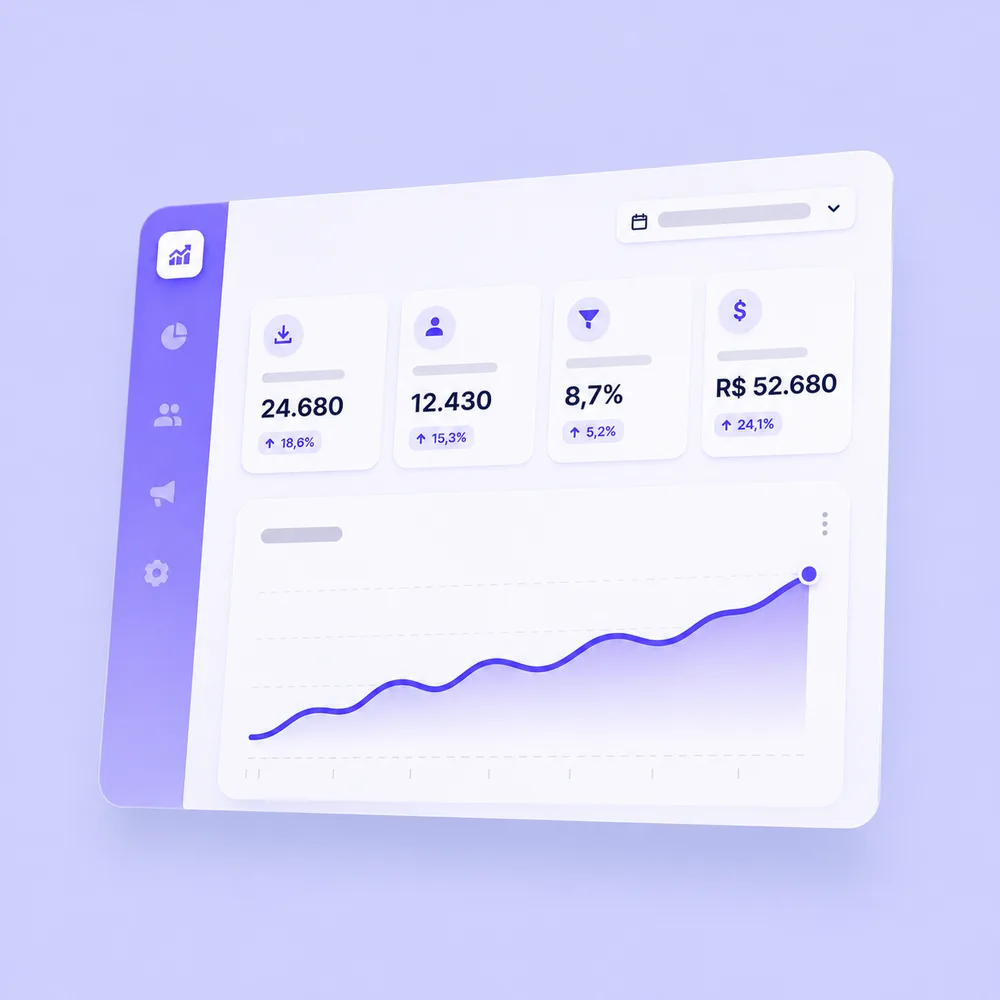 Dashboard de relatório com KPIs e curva de crescimento